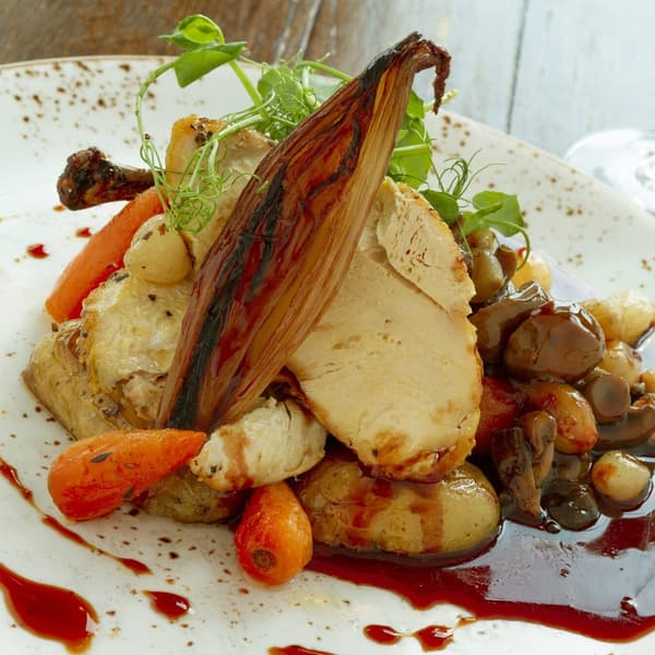 Oven baked chicken breast garlic and thyme potatoes confit carrots roasted shallots and chasseur sauce 1718295879