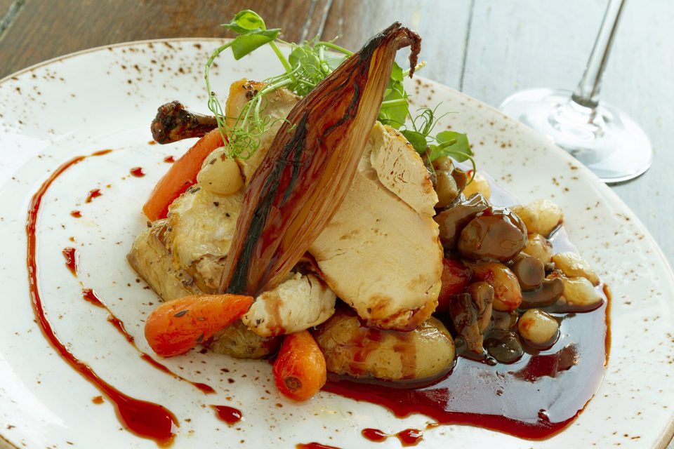 Oven baked chicken breast garlic and thyme potatoes confit carrots roasted shallots and chasseur sauce 1718295879